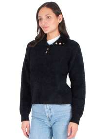 Generra | Women's Round Neck Knitted Sweater With Buttons - Black - View 3
