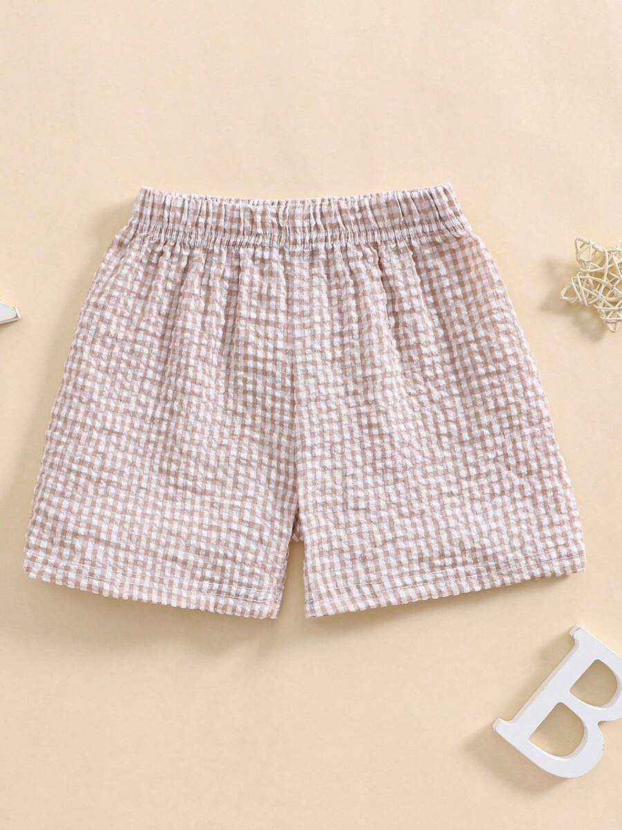 Toddler Baby Boy Girl Shorts Gingham Plaid Shorts Summer Casual Elastic Waist Shorts Pants Bottoms - 卡其色 - 查看 1