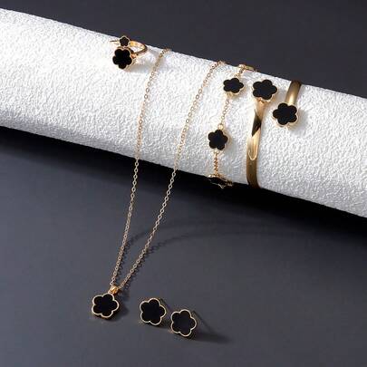 6 件/套时尚三叶草吊坠项链、手链、戒指、耳环首饰套装，需要撕掉薄膜