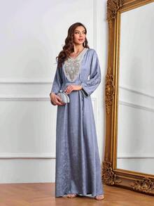 Women's Elegant Floral Printed Long Sleeve Dress, Stylish Arabic Design