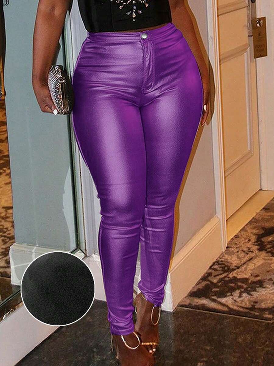 Women's Metallic Coated Stretchy Sexy Skinny Pants - Purple - View 1