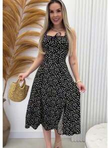 vestido midi com estampa floral fenda lateral