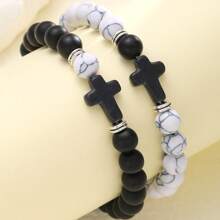 2pcs/4pcs/6pcs Classic Men's Beaded Cross Pendant Bracelet Set, Casual Daily Wear, Gift For Boyfriend, Husband, Father, Son