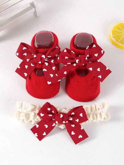 1 Pair Baby Girls' Red Hollow-Out Cotton Short Socks & 1 Piece Princess Headband, Suitable For 0-12 Months Old Girls, Photo Props For Newborn