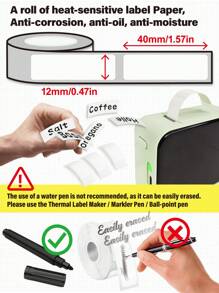 Marklife Ruban adhésif thermique blanc Marklife, papier thermique pour l'impression, étiquettes autocollantes noires sur blanc pour les imprimantes d'étiquettes D30, M110, M220, M1, P50, P15 pour la maison et les entreprises, 12 x 40 mm 0,47 po x 1,57 po, 180 étiquettes/rouleau, résistant à l'eau, à l'huile, à l'abrasion et à la déchirure