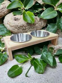 Comedouro PEQUENO para gatos ou cachorros de pequeno porte agua e ração 2 potes de alumínio com base de madeira de Pinus finger Mini Madeira natural Pets Pequeninos