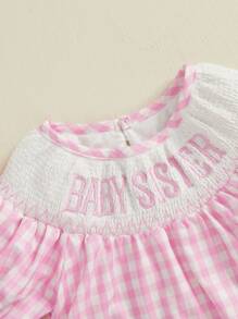 Baby Girl Short Sleeve Romper Letter Embroidered Plaid Smocked Round Neck Ruffled Summer Jumpsuits - Pink - View 4