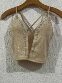 Cropped Top In Neuprene Fabric With Tulle And Extra Shiny With A Cup, Size 36-40 - 米色 - 查看 1