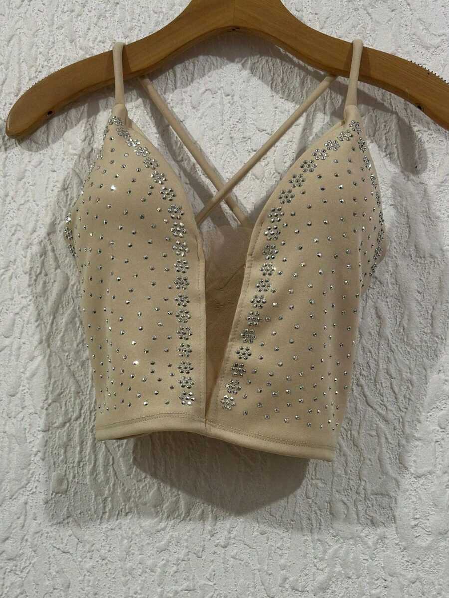 Cropped Top In Neuprene Fabric With Tulle And Extra Shiny With A Cup, Size 36-40 - 米色 - 查看 1