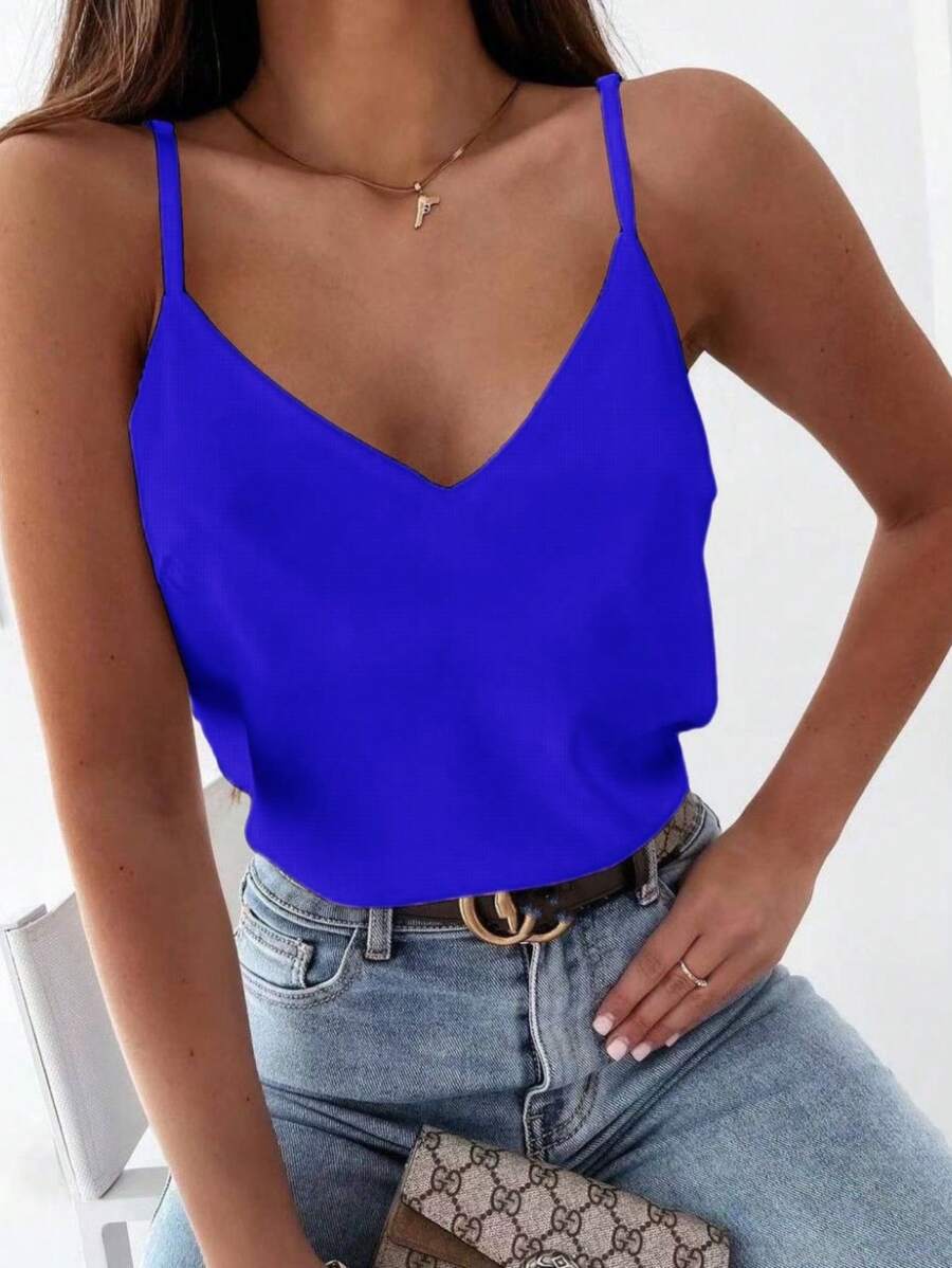 Women's V-Neck Tank Top For Summer - Blue - View 1