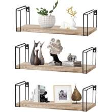3x Floating Shelves Wooden Wall Mounted Shelves Storage And Display Racks Metal Brackets For Kitchen Bathroom Bedroom Living Room Office Rustic StyleRoom Decor - Wood Color - View 1