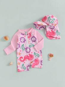Toddler Girl Rash Guard Swimsuit Floral Print Long Sleeve Mock Neck Zipper Bathing Suit With Hat Set