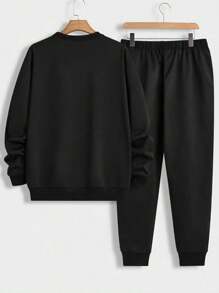 DIFFLAND Men's Casual Soft Comfortable Everyday Sweatsuit Set, Minimalist Printed Pattern, Black Crew Neck Pullover Sweatshirt + Sweatpants Set, Autumn Clothing - Black - View 4