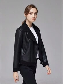 La versión coreana de la chaqueta de PU de la mujer es una chaqueta de locomotora suelta y corta - Negro - Ver 3