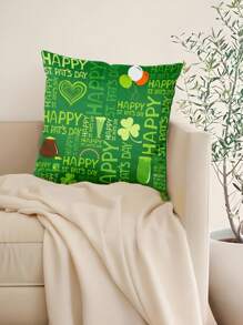 1 Pc Green Four-Leaf Clover St. Patrick's Day Pillowcase, Personalized Creative Text & Graphic Festival Celebration Home Decor For Living Room, Sofa, Bedroom, Printing Position Random, Without Pillow Insert Gifts Birthday Graduation