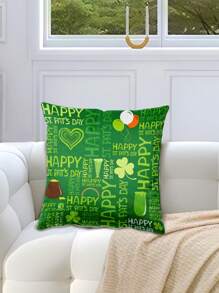 1 Pc Green Four-Leaf Clover St. Patrick's Day Pillowcase, Personalized Creative Text & Graphic Festival Celebration Home Decor For Living Room, Sofa, Bedroom, Printing Position Random, Without Pillow Insert Gifts Birthday Graduation