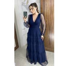 Vestido De Festa Marsala Madrinha Formatura Casamento Manga Longa Babado Três Maria - Azul Marinho - Visão 2