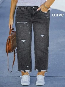 Plus Size European And American Street Style Casual Loose Personalized Women Distressed Tapered Jeans - Dark Grey - View 2