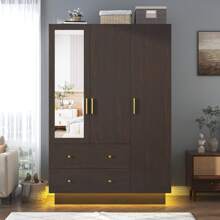 3 Doors Wardrobe Closet With Mirror & LED Lights, Bedroom Armoire With Drawers & Shelves, Modern Wooden Armoire Wardrobe Closet With Hanging Rod For Bedroom,Brown - 棕色 - 查看 9