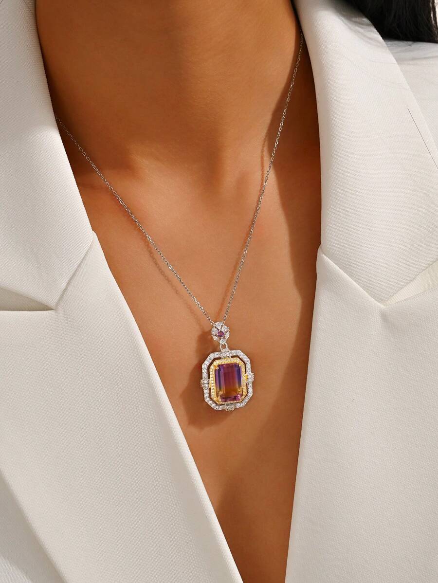1pc Elegant & Luxurious 925 Sterling Silver Amethyst & Citrine Crystal Pendant Necklace, Square Glamorous Sparkling Cubic Zirconia Encircled Clavicle Chain Sweater Necklace, Purple & Yellow Ombre Crystal High-End Necklace For Women, Perfect For Party, Evening Gown - Silver - View 1