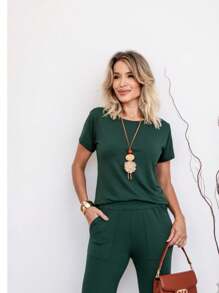 Women's 2-Piece Knit Set Blouse And Trousers - Màu xanh lá cây đậm - Xem 3