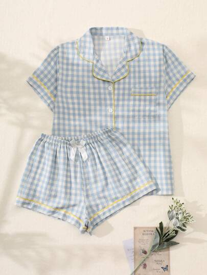 2Pcs Women's Plaid Printed V-Neck Button Short Sleeve Single-Breasted Top And Pants Pajama Set,Summer Pajama Set, Comfortable For Home Use,Two Pieces Set