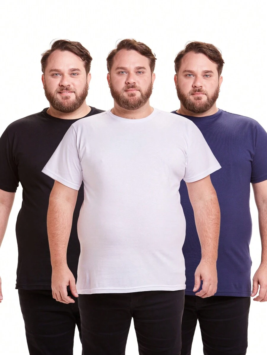 Kit 3 Basic Plus Size Men's Cotton Shirts - NEGRO/BLANCO/AZUL - Ver 1