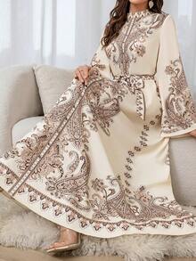 Vestido largo de muselina con estampado de paisley para resort (estampado aleatorio), Kaftán modesto - Albaricoque - Ver 4