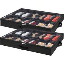 Juego de 2 Organizadores de Almacenamiento para Zapatos Debajo de la Cama, Caja Plegable de Tela para Zapatos con Cubierta Transparente, Bolsa de Almacenamiento con Ventana Transparente con 2 Asas Reforzadas, Se Adapta a 24 Pares de Zapatos, Gris - Negro - Ver 2