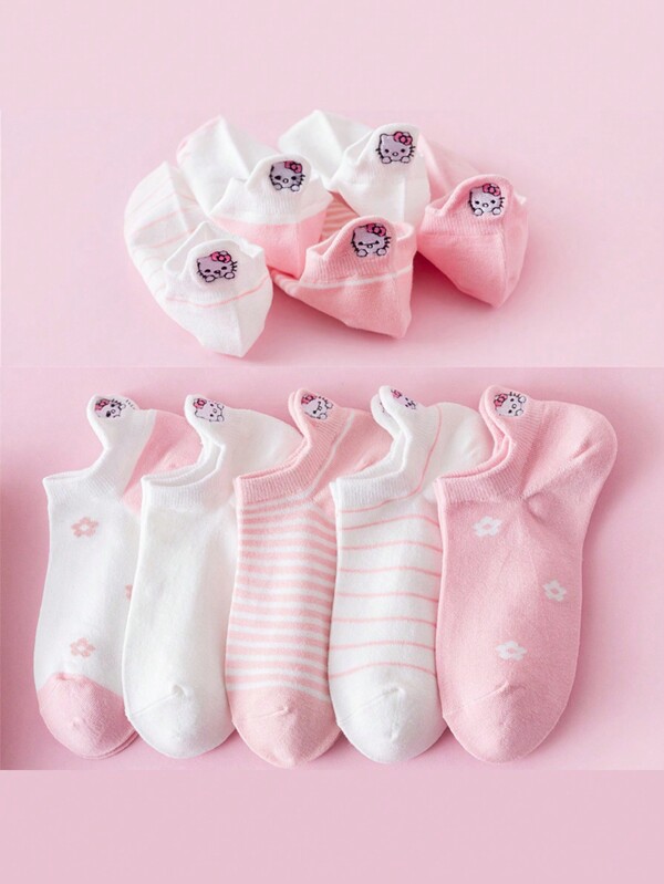 Sanrio 5 paia di calzini da barca rosa a righe per donna, in taglia unica, con motivi carini, traspiranti e comodi, adatti per attività sportive all'aperto quotidiane