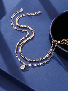 2 件装多层链条脚链，金色金属和唇形吊坠，方形方晶锆石吊坠多层脚饰，独特的原创女士礼物 - 金黃色 - 查看 3