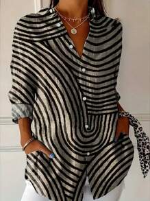 Abstract Print Women Long Sleeve Casual Blouse, Versatile Spring/Summer - Black - View 1