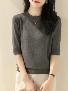 Fine Quality Women's Ribbed Crew Neck Mid-Sleeve Knitted Sweater Top, Fashionable Loose Fit, Autumn Spring New Arrival