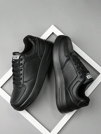 男士纯色字母印花仿皮系带舒适户外休闲运动鞋，时尚男女通用厚底休闲运动鞋