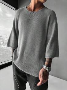 Men's Solid Color Round Neck Loose Fit Knitted Short Sleeve Top