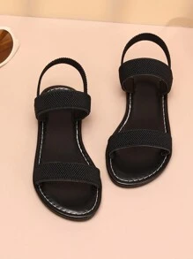 1 paar meisjes eenvoudige effen zwarte casual sandalen, zachte en comfortabele stoffen bandjes met TPR-zool, verstelbare dubbele elastische banden, platte hak, geschikt voor school, reizen en dagelijks gebruik