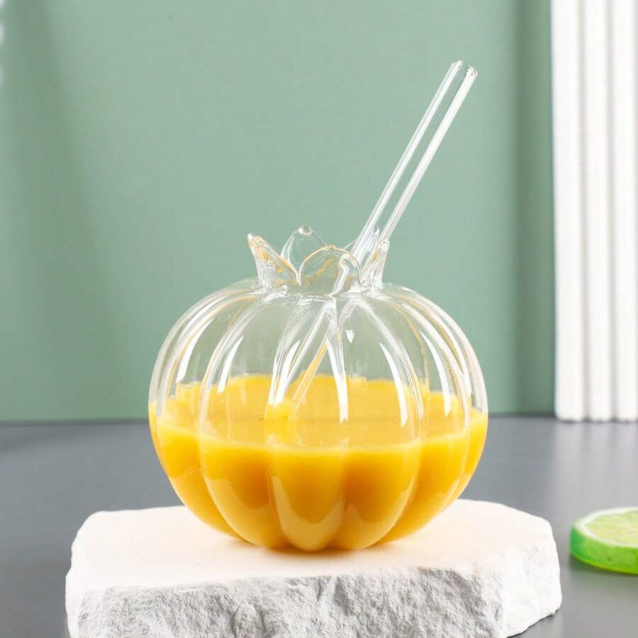 1pc New Creative Pomegranate Flower Pattern Glass Cup, With Straw, Transparent Glass Cup, Juice/Beverage Cup, Ins Style Creative Unique Mushroom Glass Cup, KTV Bar Cocktail Cup, Milk Tea Mushroom Cup - Multicolor - View 1