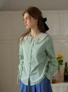 Simple Retro Women's Spring And Summer Models Holiday Style Patchwork Collar Printing Collision Green Elegant Retro Temperament Casual Long-Sleeved Shirt Blouse Top - Green - View 4