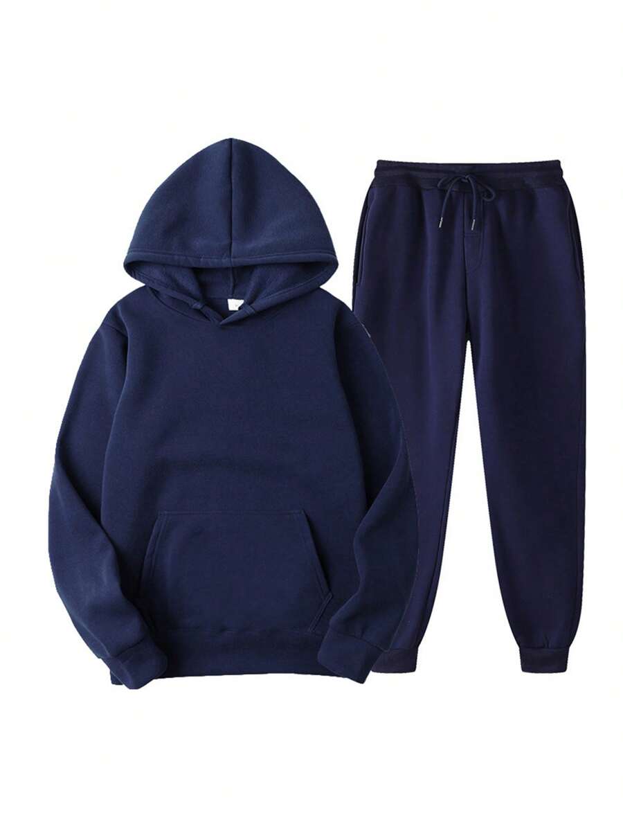 2Pcs Womens Spring Fall Sportswear Solid Color Hooded Long Sleeves Sweatshirt Drawstring Slacks Set Streetwear - Navy Blue - View 1