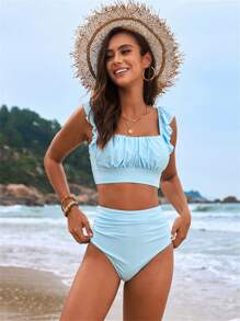 Women 2 Pieces Tankini Swimsuits Fly Sleeve Padded Tank Tops And Floral Print High Waist Shorts Bottoms Beach Bikini Set - 藍色 - 查看 2