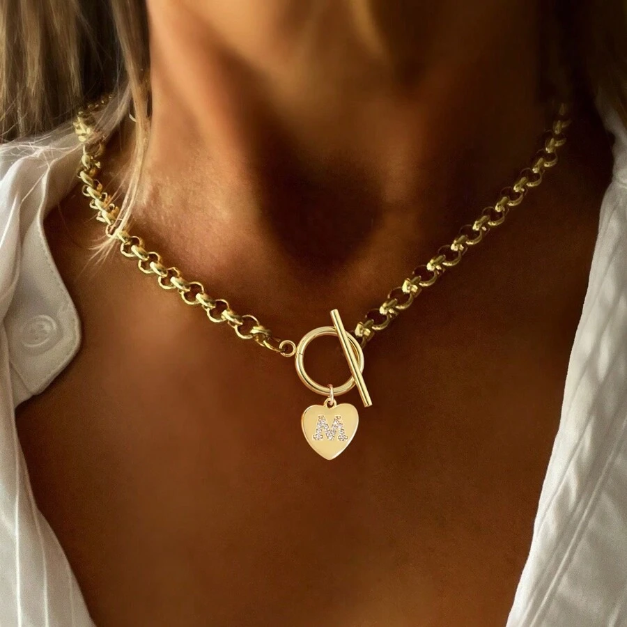 1pc Minimalist Gold Heart-Shaped Letter Pendant With T-Bar Clasp And Stainless Steel Chain Necklace, Women - Yellow Gold - View 1