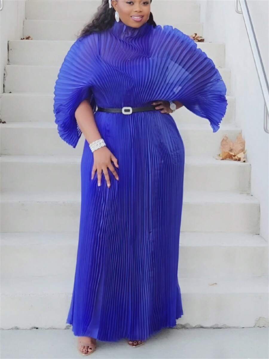 GLOURI Naija Style Black Pleated Maxi Dress - Elegant Mesh Formal Gown With Stretchy Maternity Waist, Nigerian Wedding Guest Dress For Photoshoots/Birthday Parties/African Events (Long Sleeve) - 藍色 - 查看 1