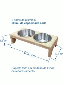 Comedouro PEQUENO para gatos ou cachorros de pequeno porte agua e ração 2 potes de alumínio com base de madeira de Pinus finger Mini Madeira natural Pets Pequeninos