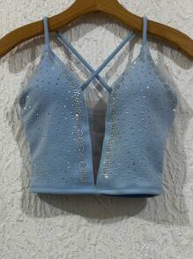 Cropped Top In Neuprene Fabric With Tulle And Extra Shiny With A Cup, Size 36-40 - Celeste - Ver 1