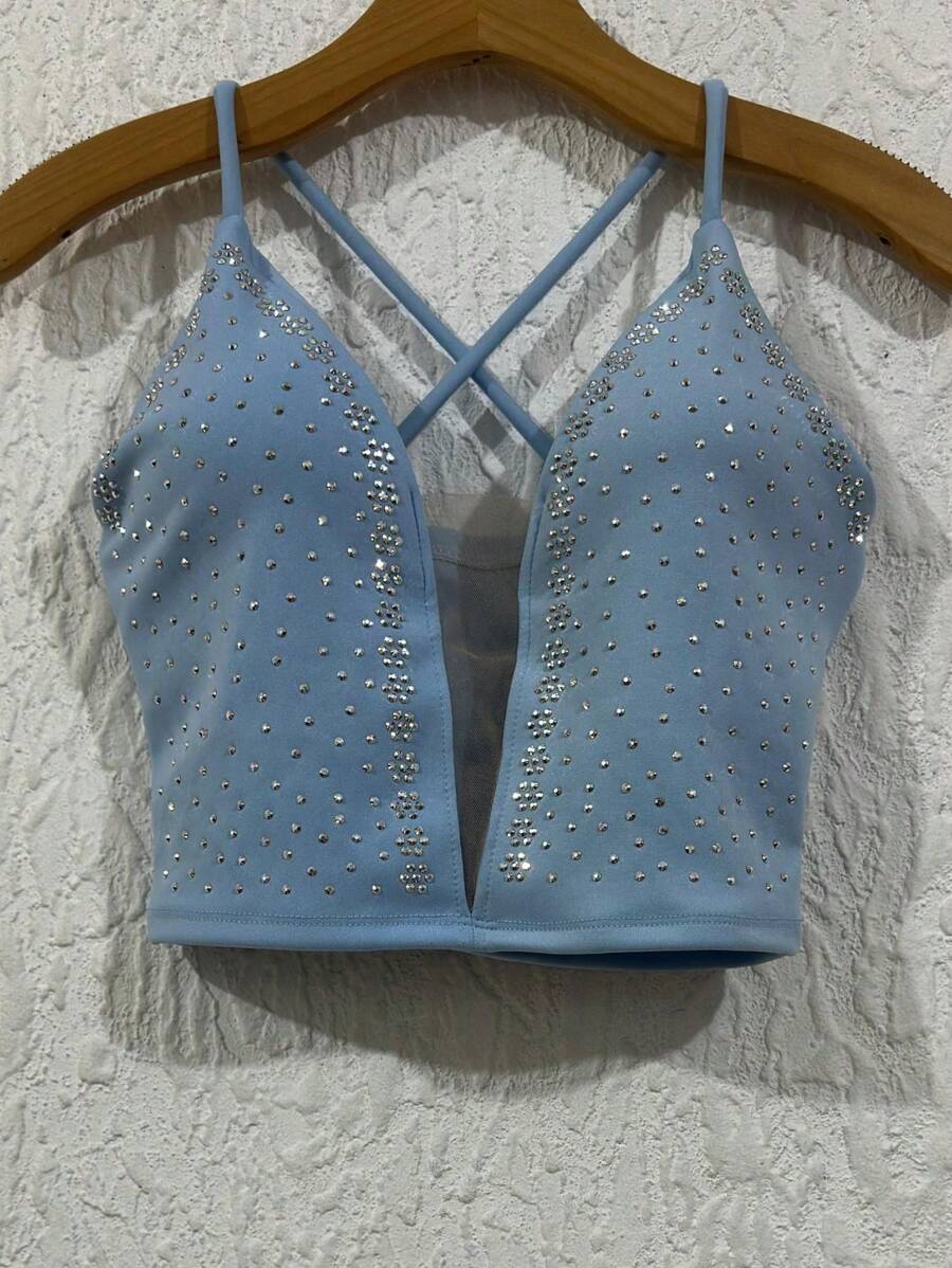 Cropped Top In Neuprene Fabric With Tulle And Extra Shiny With A Cup, Size 36-40 - Celeste - Ver 1