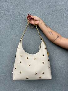 New Women's Hobo Bag Metal Front - Beige - View 1