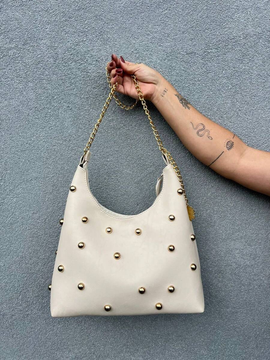 New Women's Hobo Bag Metal Front - Beige - View 1