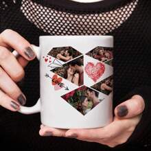 1 pièce de 11oz personnalisée avec plusieurs photos, motif d'amour, tasse à eau à fond plat et anse pleine d'amour, série de la Saint-Valentin, tasse à café en céramique, tasse à lait, réutilisable, cadeau de la Saint-Valentin pour elle, convient pour le thé de l'après-midi, la maison, le bureau
