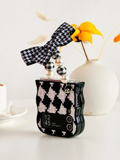 Old Money Style 1pc Black & White Braided Pattern Fabric Bow Bracelet Style Foldable Phone Case Compatible With Galaxy Z Flip3 5G, Galaxy Z Flip4 5G, Galaxy Z Flip5 5G, Galaxy Z Flip6 5G Waterproof Shockproof Anti-Fall Scratch Resistant