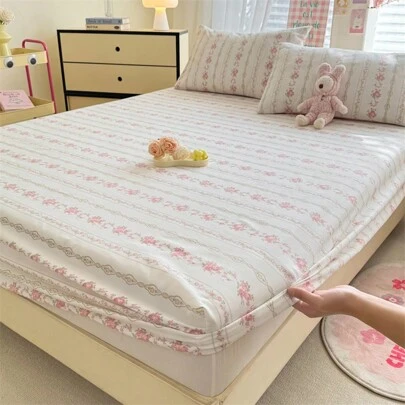 3件套床笠，数码印花图案小蘑菇、卡通、树叶、碎花，清新风格，1个床笠+2个枕套，亲肤云朵，柔软舒适，适合学生宿舍，四季皆宜